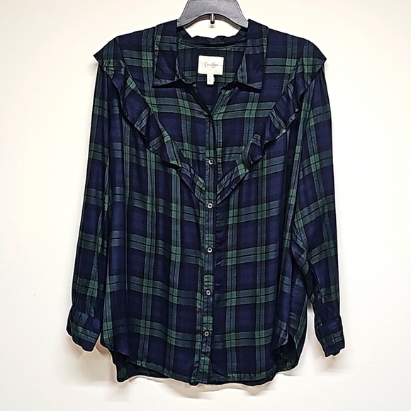 Jessica Simpson Tops - Jessica Simpson Tartan Plaid Ruffled Button Up Flannel Size 3X green blue LS